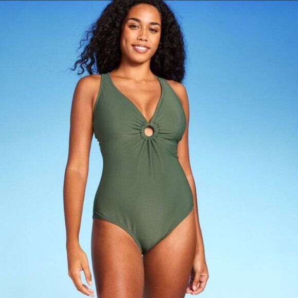 Ribbed Plunge Ring Detail One Piece Swimsuit - Shade & Shore Dark Green M - Picture 4 of 4